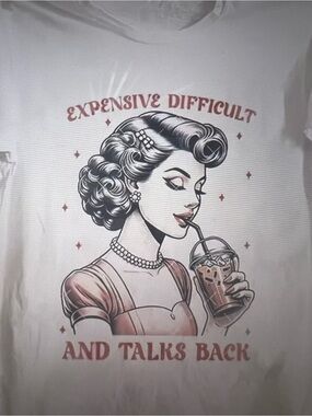 White Graphic Short Sleeve Tee - "Expensive Difficult" Retro Woman Print